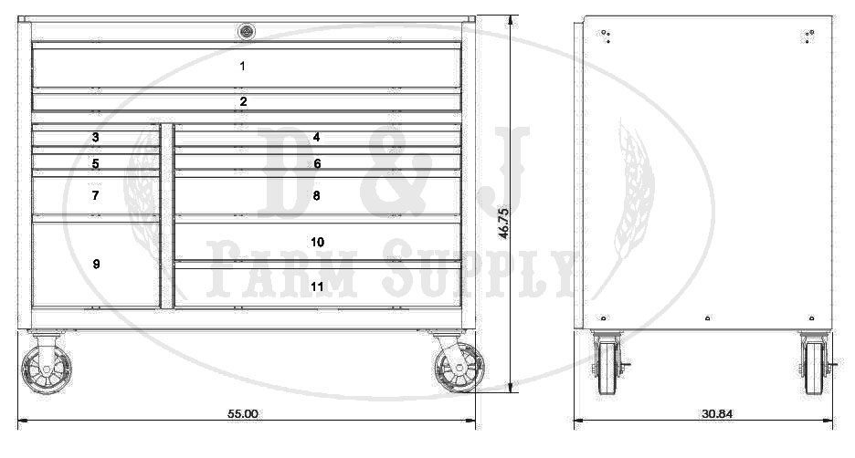 Extreme Tools schematic for 55 inch 11 DRAWER PROFESSIONAL ROLLER CABINET
