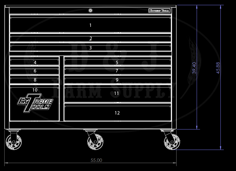 EXTREME TOOLS® 55 inch 12-Drawer Roller Cabinet