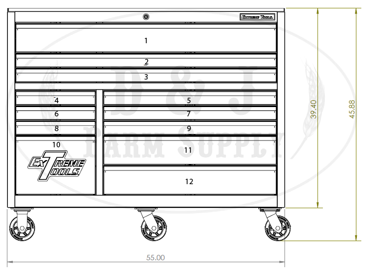 EXTREME TOOLS® 55 inch 12-Drawer Roller Cabinet