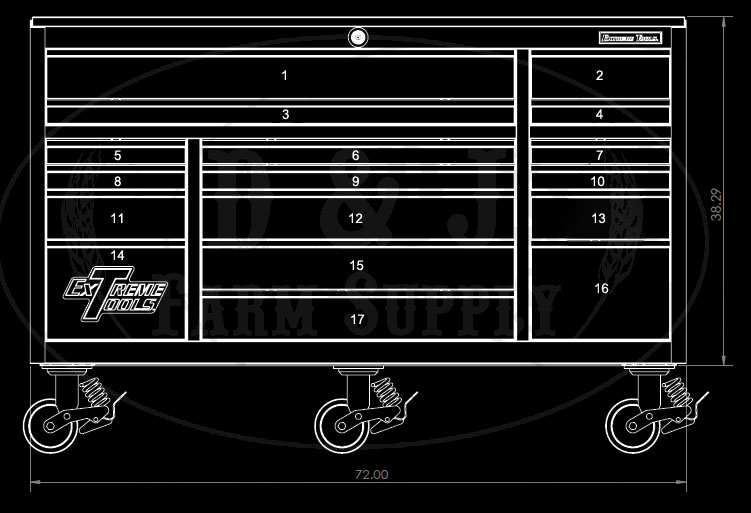 EXTREME TOOLS® 72 inch 17 DRAWER TRIPLE BANK PROFESSIONAL ROLLER CABINET