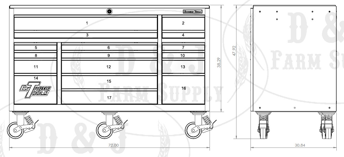 EXTREME TOOLS® 72 inch 17 DRAWER TRIPLE BANK PROFESSIONAL ROLLER CABINET