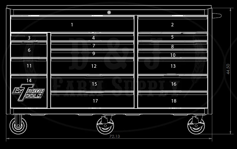 EXTREME TOOLS® 72 inch 18 DRAWER STANDARD TRIPLE BANK ROLLER CABINET