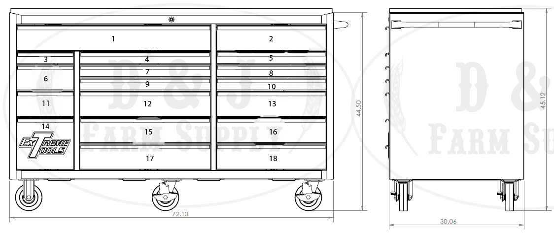 EXTREME TOOLS® 72 inch 18 DRAWER STANDARD TRIPLE BANK ROLLER CABINET