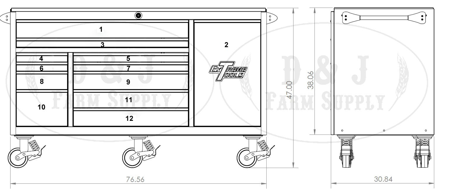 Extreme Tools schematic for 76 inch 12 DRAWER PROFESSIONAL ROLLER CABINET