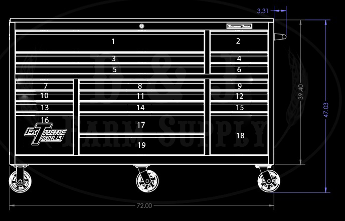 Extreme Tools® 72 inch 19 Drawer Roller Cabinet